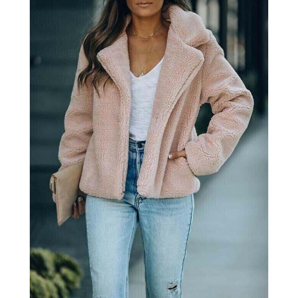 Vici En Creme Light Pink Sherpa Teddy Bear Fleece Jacket Coat Cozy Designer M
